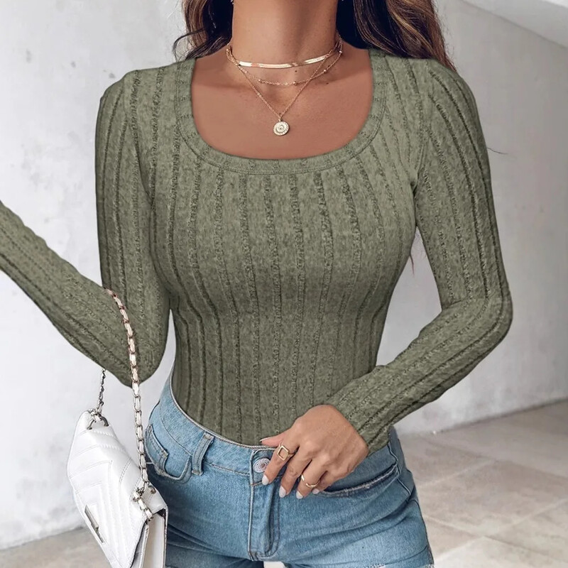 Melns Sieviešu T-krekls Rudens jauns ar garām piedurknēm apaļš kakla plāns T-krekls Tops Sieviešu apģērbs Ikdienas trikotāžas T-krekli Krekli Puloveri