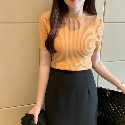 Дамски пролет лято 2024 г. Нов плетен топ с къси ръкави Основен слой с кръгло деколте Slim Fit Стилен изглажда вашия силует