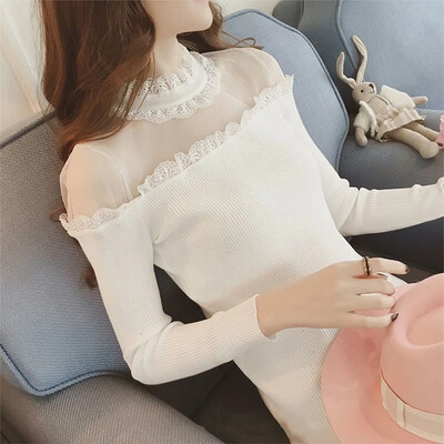 Mehlowed Out Off plecu mežģīņu krekls Sieviešu pavasara rudens Slim Fit garām piedurknēm Korejas versija Universāls Tops