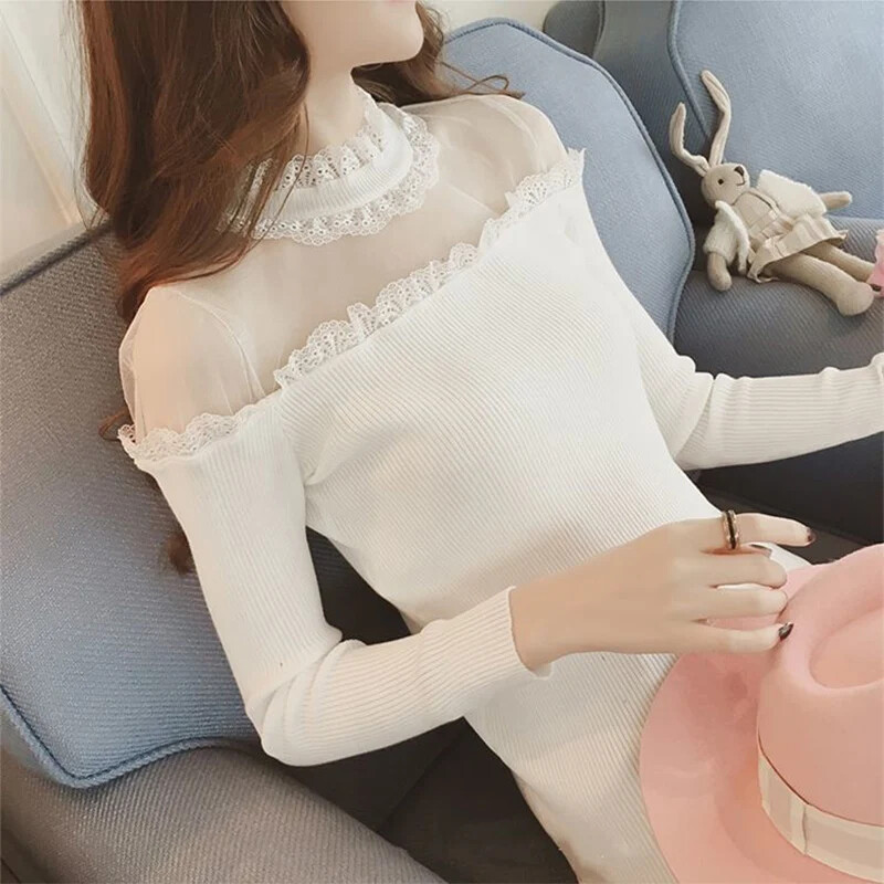 Mehlowed Out Off plecu mežģīņu krekls Sieviešu pavasara rudens Slim Fit garām piedurknēm Korejas versija Universāls Tops