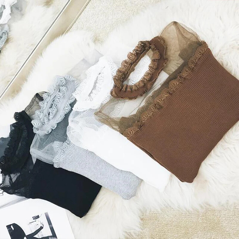 Mehlowed Out Off plecu mežģīņu krekls Sieviešu pavasara rudens Slim Fit garām piedurknēm Korejas versija Universāls Tops