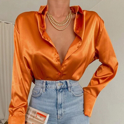 Elegáns szatén női blúzok, divatos, hosszú ujjú vintage kék blúz Irodai Blusas Mujer tömör selyem ing Női alkalmi felsők 22717