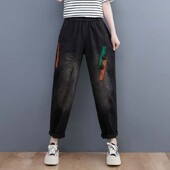 Sieviešu pavasara rudens elastīga vidukļa kabata, izšūta rievošanās plāksteris karikatūra raibs džinsi Harlan bikses vintage bikses