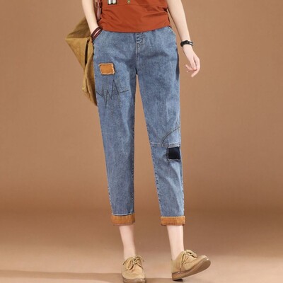 Sieviešu pavasara rudens elastīga vidukļa kabata, izšūta rievošanās plāksteris karikatūra raibs džinsi Harlan bikses vintage bikses