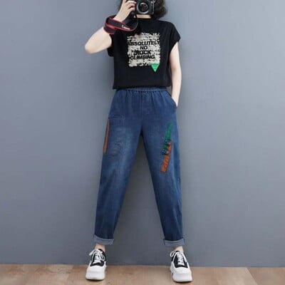 Sieviešu pavasara rudens elastīga vidukļa kabata, izšūta rievošanās plāksteris karikatūra raibs džinsi Harlan bikses vintage bikses