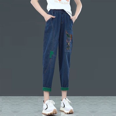 Sieviešu pavasara rudens elastīga vidukļa kabata, izšūta rievošanās plāksteris karikatūra raibs džinsi Harlan bikses vintage bikses