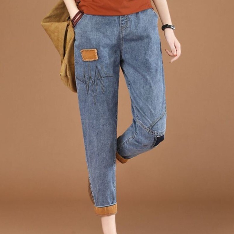 Sieviešu pavasara rudens elastīga vidukļa kabata, izšūta rievošanās plāksteris karikatūra raibs džinsi Harlan bikses vintage bikses