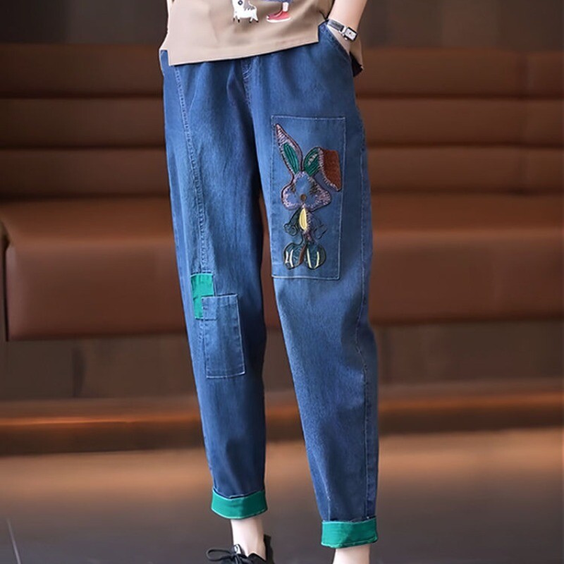 Sieviešu pavasara rudens elastīga vidukļa kabata, izšūta rievošanās plāksteris karikatūra raibs džinsi Harlan bikses vintage bikses