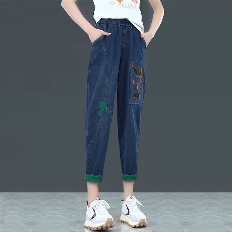 Sieviešu pavasara rudens elastīga vidukļa kabata, izšūta rievošanās plāksteris karikatūra raibs džinsi Harlan bikses vintage bikses