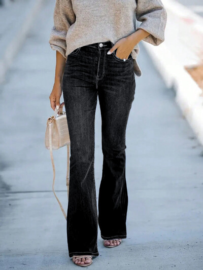 2024. aasta uued kõrge vöökohaga laia säärega, õhukesed trompet Denimpüksid naiste ühevärvilised venivad mugavad moodsad universaalsed teksad