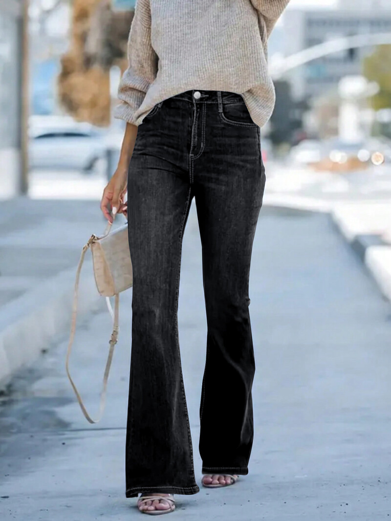 2024. aasta uued kõrge vöökohaga laia säärega, õhukesed trompet Denimpüksid naiste ühevärvilised venivad mugavad moodsad universaalsed teksad