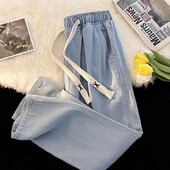 Pavasaris rudens Jauna mode vienkrāsains elastīgs viduklis savilkšanas aukliņš Džinsi Sieviešu apģērbi Vispārpiemērots brīvas, taisnas bikses ar augstu vidukli