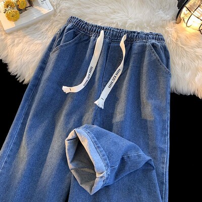 Pavasaris rudens Jauna mode vienkrāsains elastīgs viduklis savilkšanas aukliņš Džinsi Sieviešu apģērbi Vispārpiemērots brīvas, taisnas bikses ar augstu vidukli