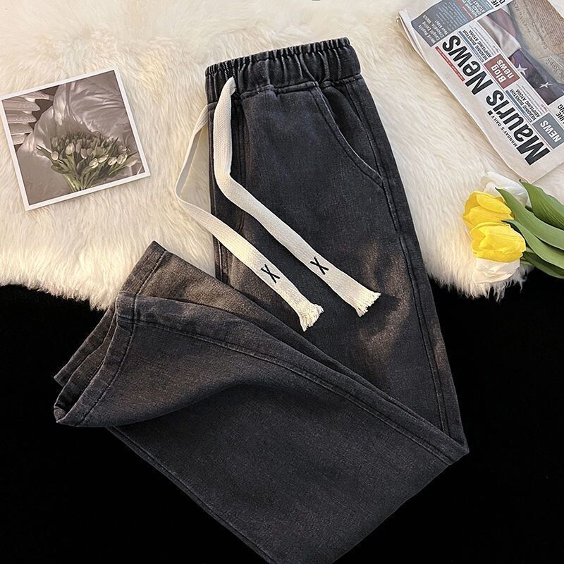 Pavasaris rudens Jauna mode vienkrāsains elastīgs viduklis savilkšanas aukliņš Džinsi Sieviešu apģērbi Vispārpiemērots brīvas, taisnas bikses ar augstu vidukli