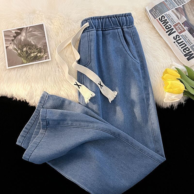 Pavasaris rudens Jauna mode vienkrāsains elastīgs viduklis savilkšanas aukliņš Džinsi Sieviešu apģērbi Vispārpiemērots brīvas, taisnas bikses ar augstu vidukli