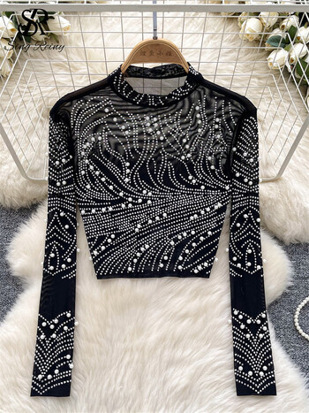 SINGREINY 2024 Trend Streetwear Blouse Дамска тениска с дълги ръкави Diamonds Pearl Thin Sheer Design Senior American Style Mesh T-Shirt