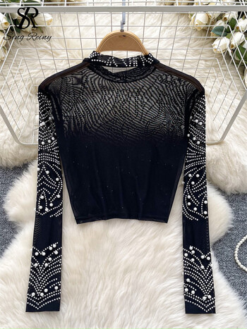 SINGREINY 2024 Trend Streetwear Blouse Дамска тениска с дълги ръкави Diamonds Pearl Thin Sheer Design Senior American Style Mesh T-Shirt