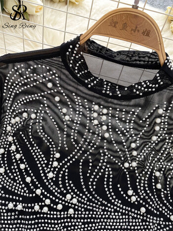 SINGREINY 2024 Trend Streetwear Blouse Дамска тениска с дълги ръкави Diamonds Pearl Thin Sheer Design Senior American Style Mesh T-Shirt