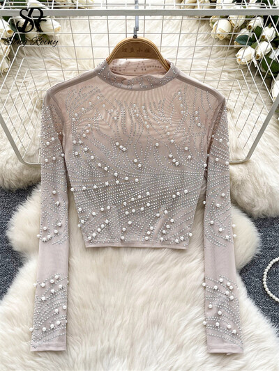 SINGREINY 2024 Trend Streetwear Pluus Naiste pikkade varrukatega Teemantidega Pearl õhuke läbipaistev disain Senior Ameerika stiilis võrk T-särk