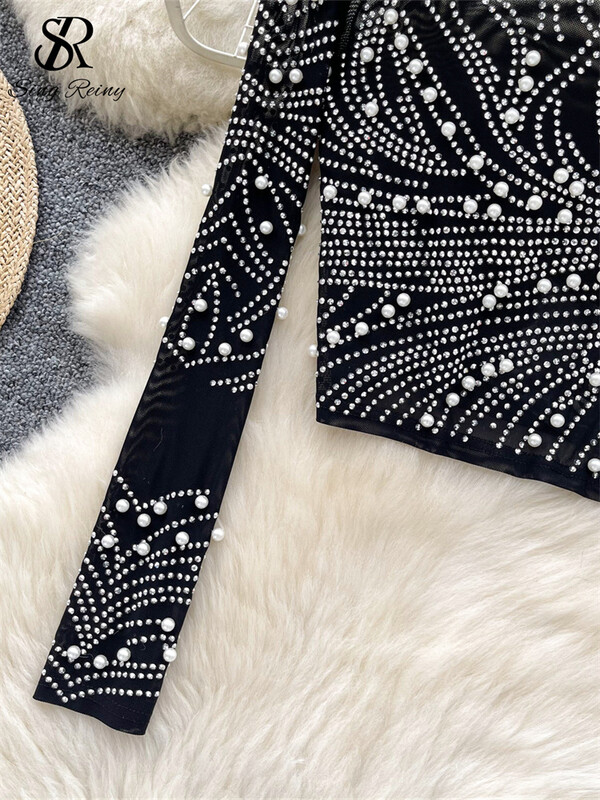 SINGREINY 2024 Trend Streetwear Pluus Naiste pikkade varrukatega Teemantidega Pearl õhuke läbipaistev disain Senior Ameerika stiilis võrk T-särk