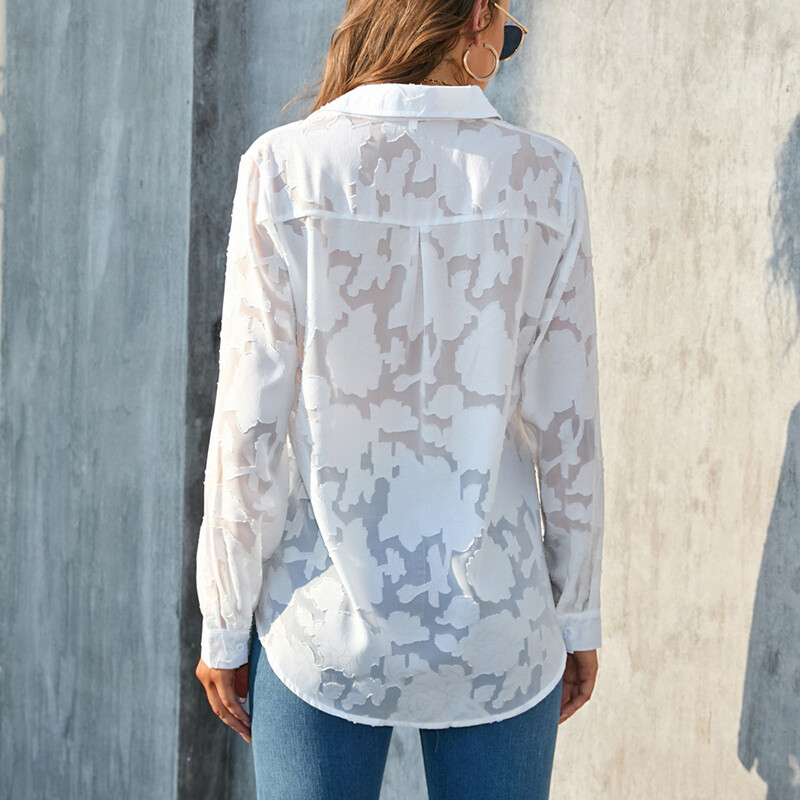 Modna Jacquard Čipkana šifonska košulja Ženska 2023. Elegantna bijela bluza dugih rukava Ženske ležerne bluze Labave ženske majice s cvjetnim motivima 27130