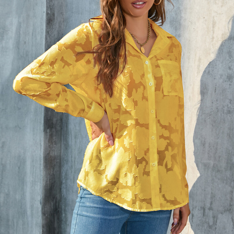 Modna Jacquard Čipkana šifonska košulja Ženska 2023. Elegantna bijela bluza dugih rukava Ženske ležerne bluze Labave ženske majice s cvjetnim motivima 27130