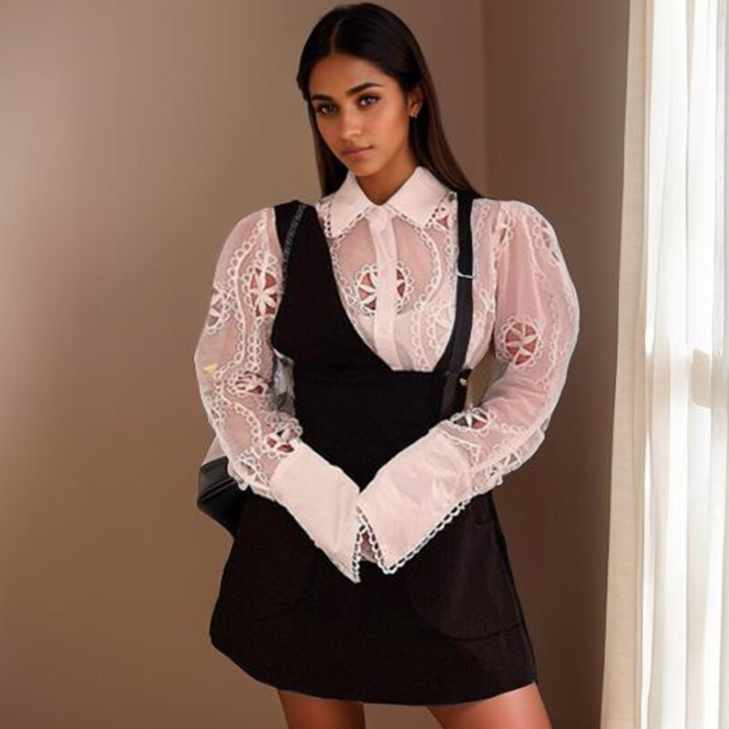 Jauna pavasara balta blūze ar garām piedurknēm sievietēm Sexy, dobi, izšuvumi ar ziediem Sieviešu kreklu topi Vintage brīvas ikdienas blūzes 13369