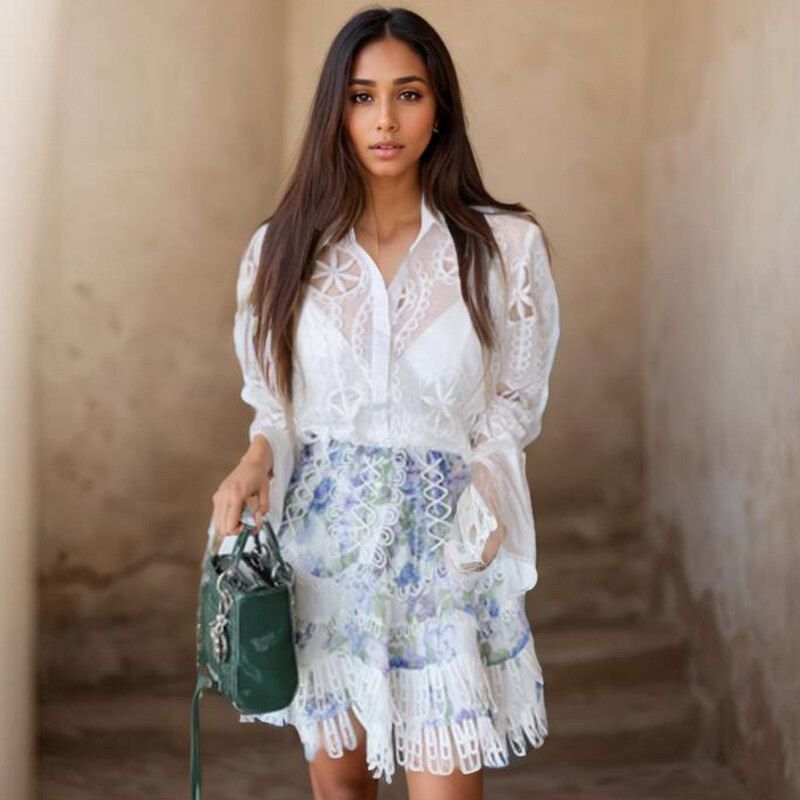 Jauna pavasara balta blūze ar garām piedurknēm sievietēm Sexy, dobi, izšuvumi ar ziediem Sieviešu kreklu topi Vintage brīvas ikdienas blūzes 13369