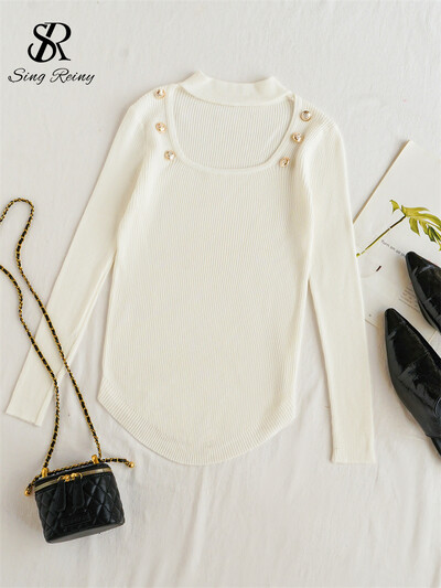 SINGREINY Temperament Basic trikotāžas džemperis Sieviešu Pērles Dizains Kvadrātveida apkakle ar garām piedurknēm Pulovers Modes Vienoti neregulāri topi