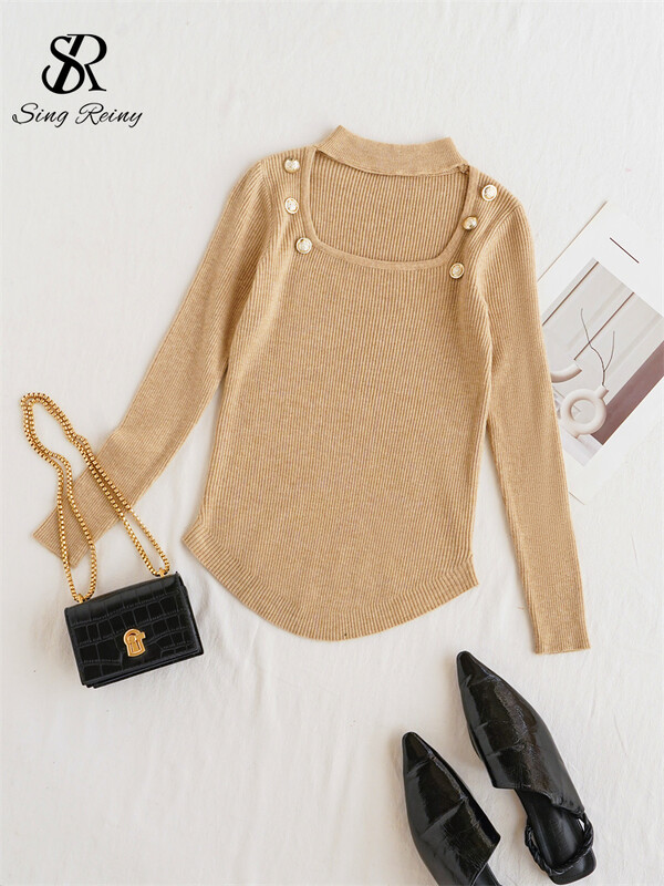 SINGREINY Temperament Basic trikotāžas džemperis Sieviešu Pērles Dizains Kvadrātveida apkakle ar garām piedurknēm Pulovers Modes Vienoti neregulāri topi