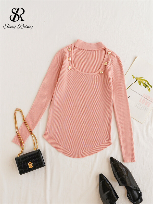 SINGREINY Temperament Basic trikotāžas džemperis Sieviešu Pērles Dizains Kvadrātveida apkakle ar garām piedurknēm Pulovers Modes Vienoti neregulāri topi