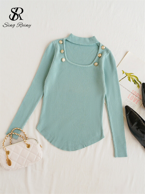 SINGREINY Temperament Basic trikotāžas džemperis Sieviešu Pērles Dizains Kvadrātveida apkakle ar garām piedurknēm Pulovers Modes Vienoti neregulāri topi