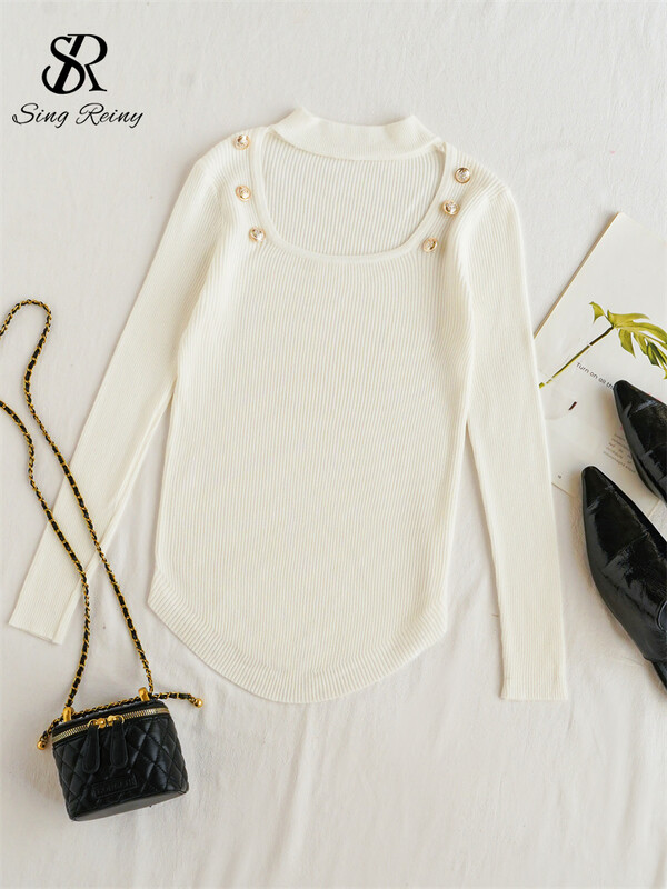 SINGREINY Temperament Basic trikotāžas džemperis Sieviešu Pērles Dizains Kvadrātveida apkakle ar garām piedurknēm Pulovers Modes Vienoti neregulāri topi