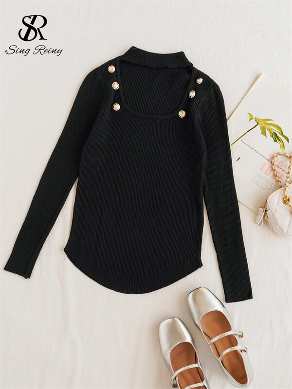 SINGREINY Temperament Basic trikotāžas džemperis Sieviešu Pērles Dizains Kvadrātveida apkakle ar garām piedurknēm Pulovers Modes Vienoti neregulāri topi