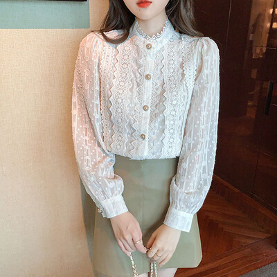 Бяла дантелена блуза Дамска риза Топове Пролет Blusas Mujer De Moda 2022 Блуза с дълъг ръкав Дамски ежедневни блузи Дамско облекло 19641