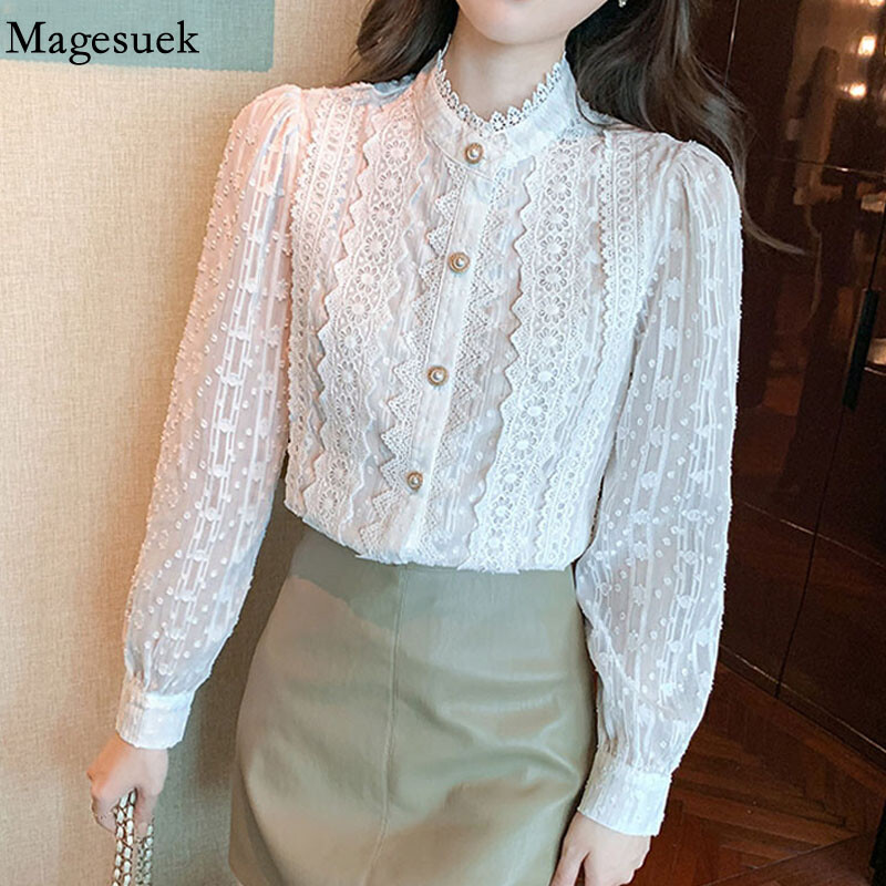 Бяла дантелена блуза Дамска риза Топове Пролет Blusas Mujer De Moda 2022 Блуза с дълъг ръкав Дамски ежедневни блузи Дамско облекло 19641