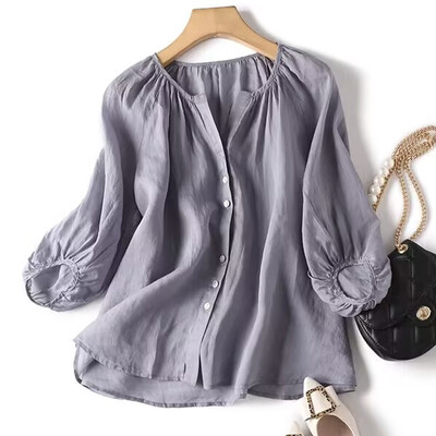 Eleganta gadījuma brīva kokvilnas sieviešu blūze Mode O Neck Vintage Puff Piedurknes pogas Krekli Sieviešu vasaras biroja sieviešu topi 26063