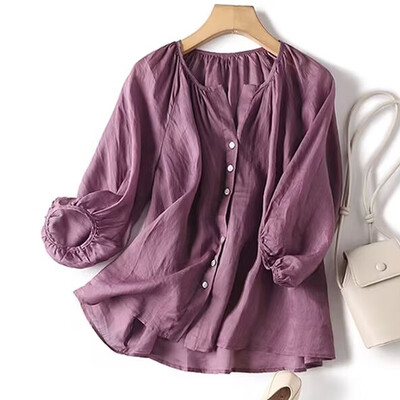 Eleganta gadījuma brīva kokvilnas sieviešu blūze Mode O Neck Vintage Puff Piedurknes pogas Krekli Sieviešu vasaras biroja sieviešu topi 26063