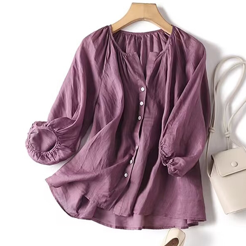 Eleganta gadījuma brīva kokvilnas sieviešu blūze Mode O Neck Vintage Puff Piedurknes pogas Krekli Sieviešu vasaras biroja sieviešu topi 26063