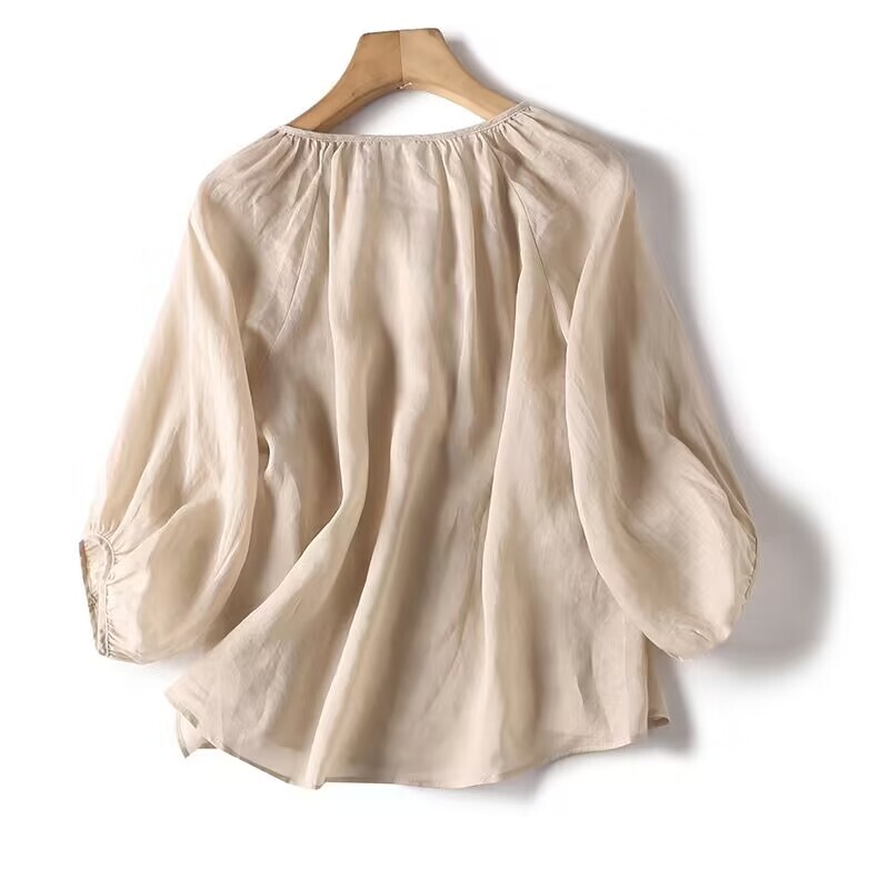 Eleganta gadījuma brīva kokvilnas sieviešu blūze Mode O Neck Vintage Puff Piedurknes pogas Krekli Sieviešu vasaras biroja sieviešu topi 26063