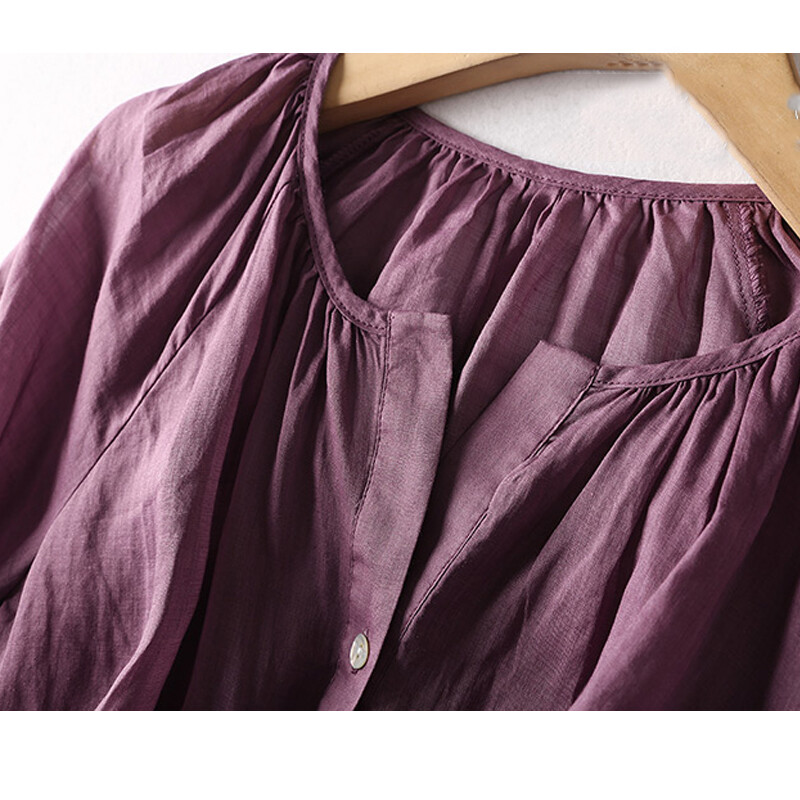 Eleganta gadījuma brīva kokvilnas sieviešu blūze Mode O Neck Vintage Puff Piedurknes pogas Krekli Sieviešu vasaras biroja sieviešu topi 26063