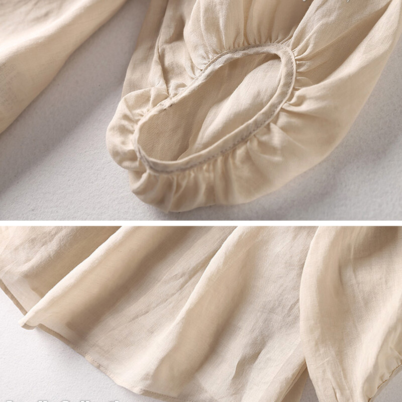 Eleganta gadījuma brīva kokvilnas sieviešu blūze Mode O Neck Vintage Puff Piedurknes pogas Krekli Sieviešu vasaras biroja sieviešu topi 26063