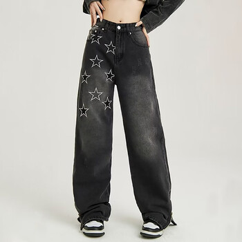 Y2k Star Embroidery Jeans Γυναικεία Raw Edge Splicing Ψηλόμεσο τζιν παντελόνι 90s Αισθητικό φαρδύ ίσιο παντελόνι μεγάλου μεγέθους