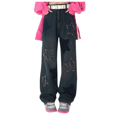 Y2k Star Tikandid Teksad Naiste töötlemata servaga liibuv kõrge vöökohaga teksapüksid 90ndate esteetilised kottis sirged ülisuured püksid