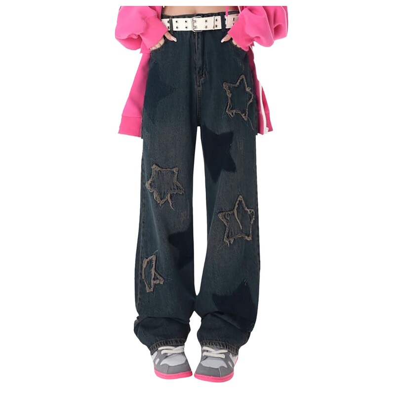 Y2k Star Tikandid Teksad Naiste töötlemata servaga liibuv kõrge vöökohaga teksapüksid 90ndate esteetilised kottis sirged ülisuured püksid