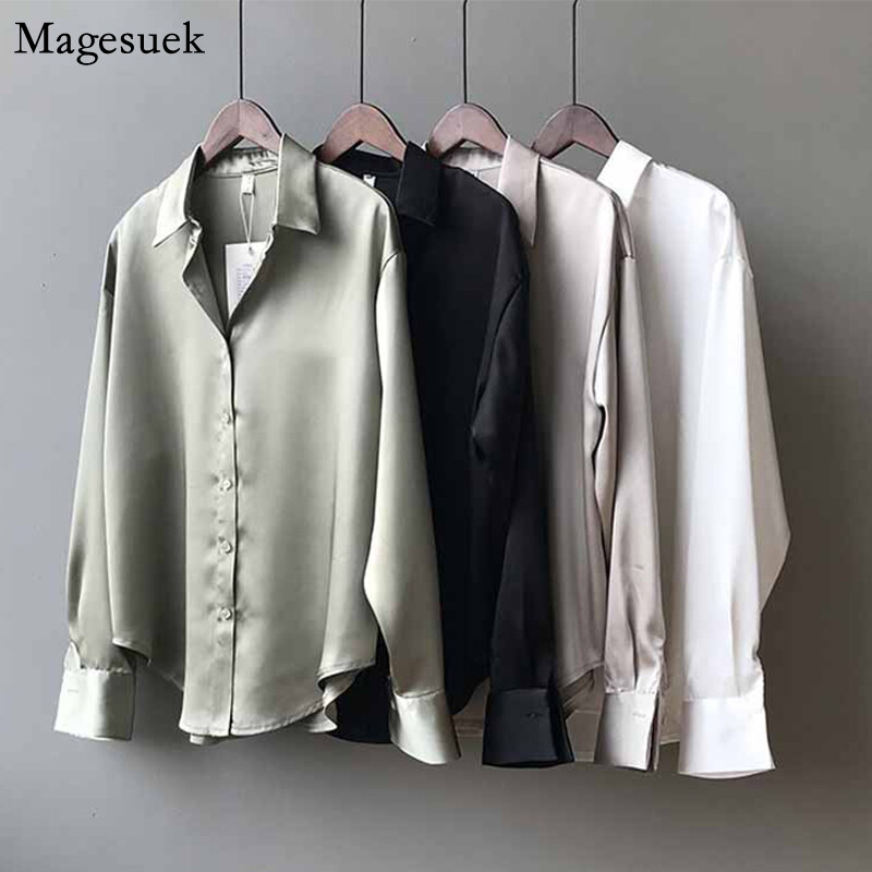 Jauna pavasara nolaižama apkakle sieviešu krekls balts brīvs satīna masīvblūze sieviešu topi ikdienišķs zīda krekls ar pogām sievietēm Blusas 11355