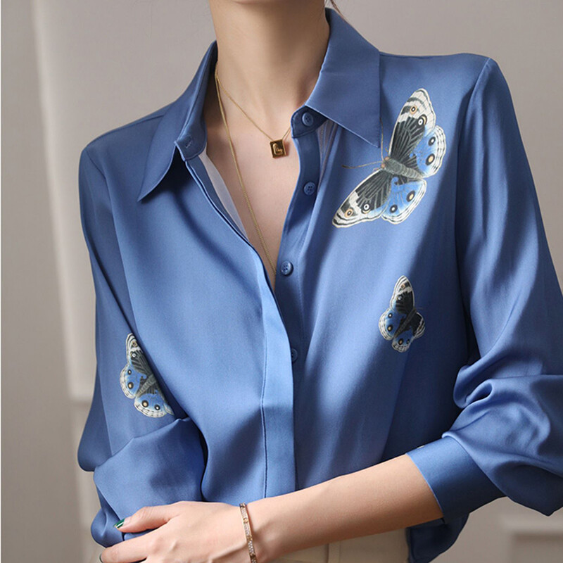 2023. gada modes pogas Zīda krekls Sieviešu garām piedurknēm ar zilu apdruku, satīna blūze ikdienišķa eleganta, nolaižama apkakle, biroja sieviešu topi 25256
