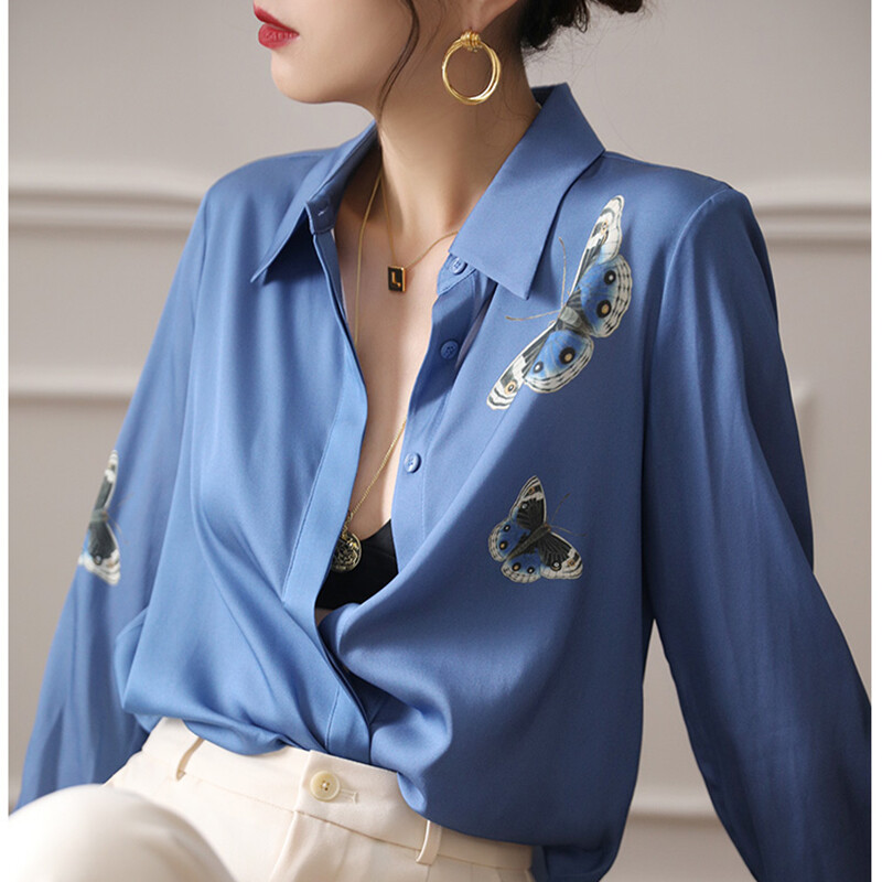 2023. gada modes pogas Zīda krekls Sieviešu garām piedurknēm ar zilu apdruku, satīna blūze ikdienišķa eleganta, nolaižama apkakle, biroja sieviešu topi 25256