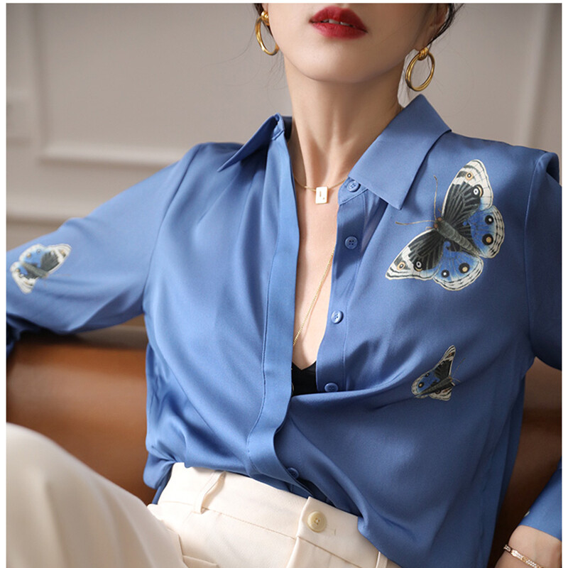 2023. gada modes pogas Zīda krekls Sieviešu garām piedurknēm ar zilu apdruku, satīna blūze ikdienišķa eleganta, nolaižama apkakle, biroja sieviešu topi 25256