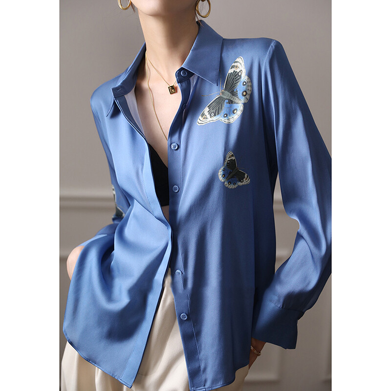 2023. gada modes pogas Zīda krekls Sieviešu garām piedurknēm ar zilu apdruku, satīna blūze ikdienišķa eleganta, nolaižama apkakle, biroja sieviešu topi 25256